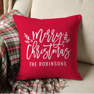 Merry Christmas Script Family Name Red Cushion
