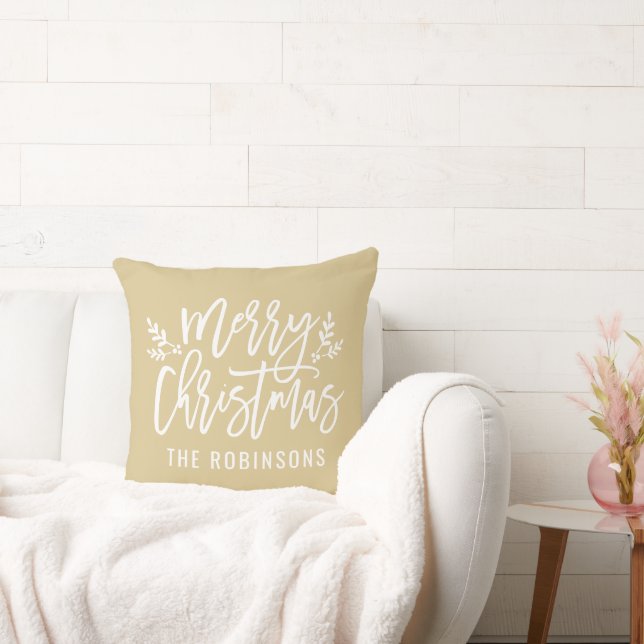 Merry Christmas Script Family Name Tan Gold Cushion (Couch)