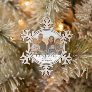 Merry Christmas Script Family Photo  Ceramic  Snowflake Pewter Christmas Ornament
