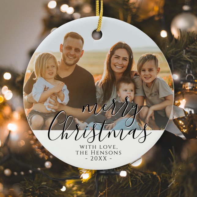 Merry Christmas Script Family Photo  Ceramic Tree Decoration (Creator Uploaded)
