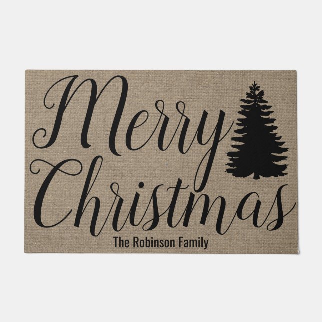Merry Christmas Script & Faux Burlap Family Name Doormat (Front)