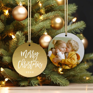 Merry Christmas Script Faux Gold Foil Photo Ceramic Tree Decoration