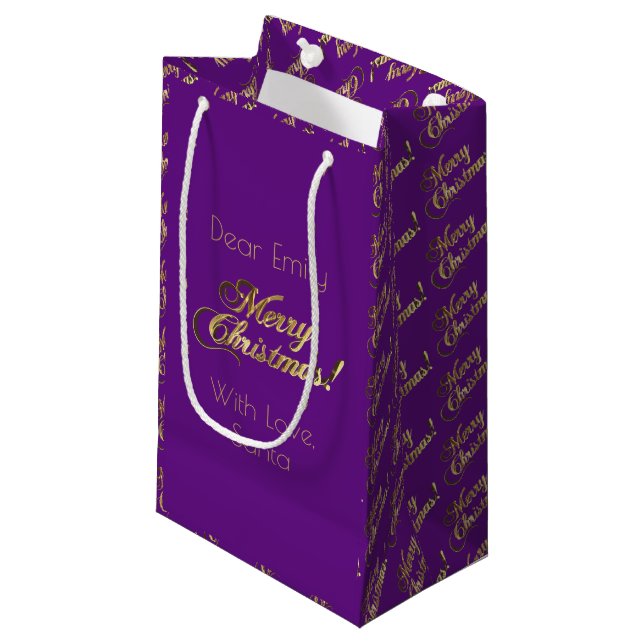 Merry Christmas Script Faux Gold Foil Purple Small Gift Bag (Front Angled)