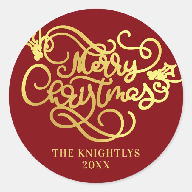 Merry Christmas Script Faux Gold Your Colour Classic Round Sticker (Front)