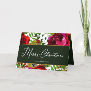 Merry Christmas Script Floral Green and White Holiday Card