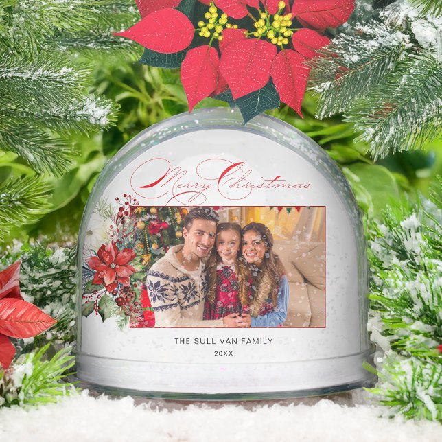 Merry Christmas Script Floral Photo Snow Globe (Creator Uploaded)