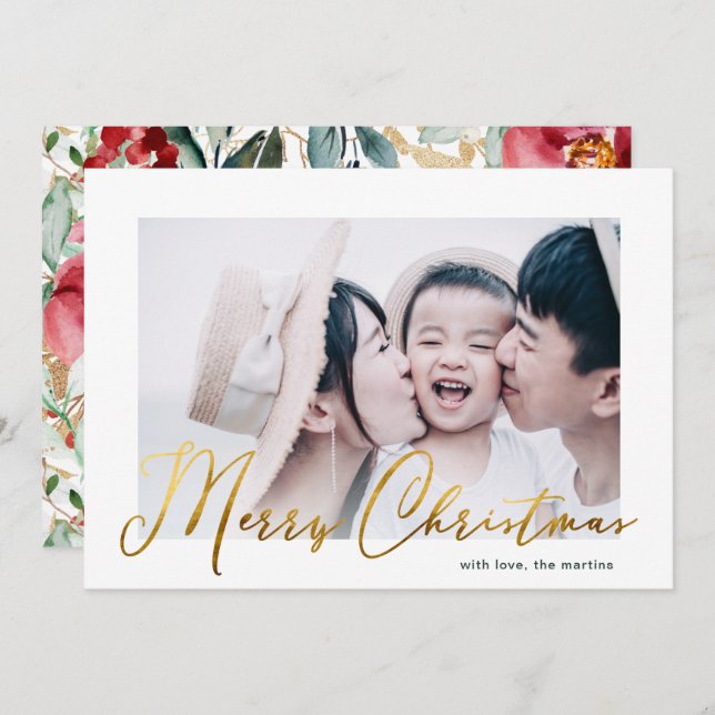 Merry Christmas Script Floral Print Photo Card (Front/Back)