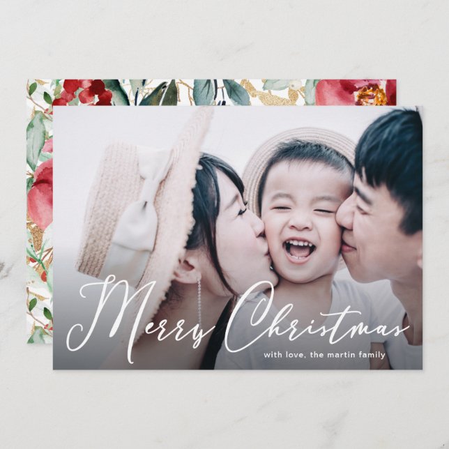 Merry Christmas Script Floral Print Photo Card (Front/Back)