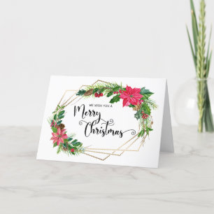 Merry Christmas Script Floral w/Gold Beaded Frame Holiday Card