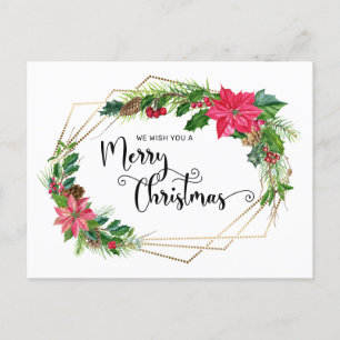 Merry Christmas Script Floral w/Gold Beaded Frame Holiday Postcard