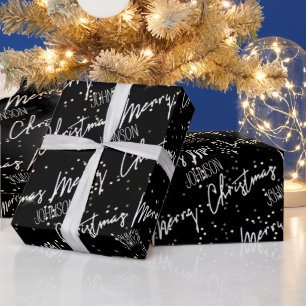 Merry Christmas Script From Name Black White Gold Wrapping Paper