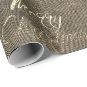Merry Christmas Script Gold Burlap Linen Cottage Wrapping Paper