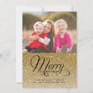 Merry Christmas, Script, Gold Glitter Photo Holiday Card