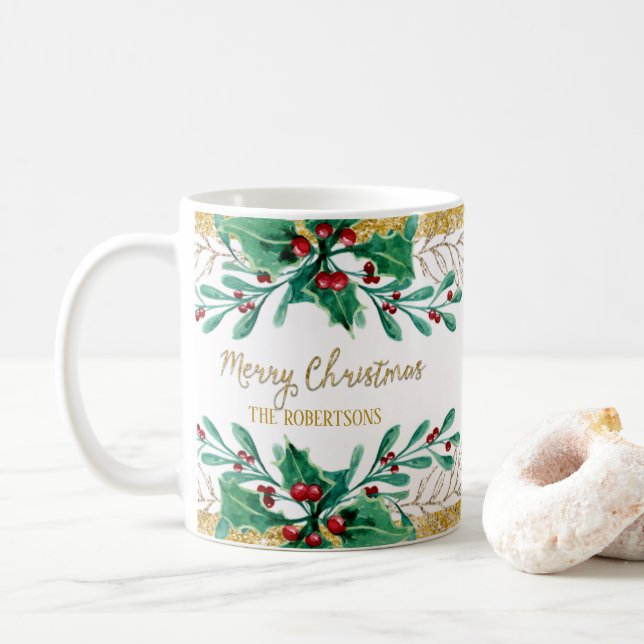 Merry Christmas Script Gold Watercolor Holly Berry Coffee Mug (With Donut)