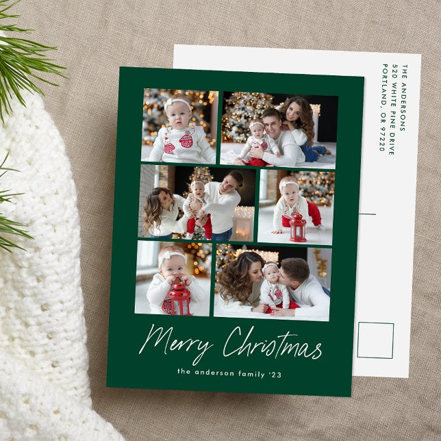 Merry Christmas Script Green 6 Photo Collage Holiday Postcard (Creator Uploaded)