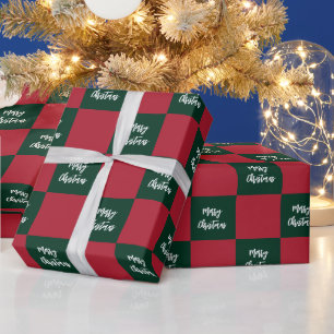 Merry Christmas Script Green and Red Chequerboard Wrapping Paper