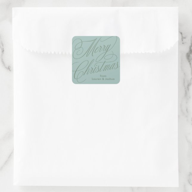 Merry Christmas script green blue gift sticker (Bag)