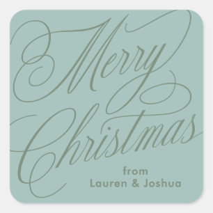 Merry Christmas script green blue gift sticker