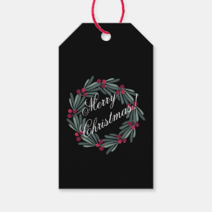 Merry Christmas Script Green Holly Wreath Gift Tags