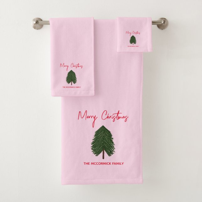 Merry Christmas Script Green Pink Pastel  Bath Towel Set (Insitu)