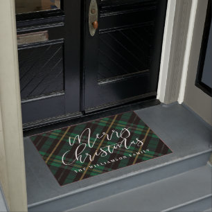 Merry Christmas Script Green Plaid Family Name Doormat