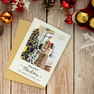 Merry Christmas Script Green Plaid Tartan Photo  Holiday Card