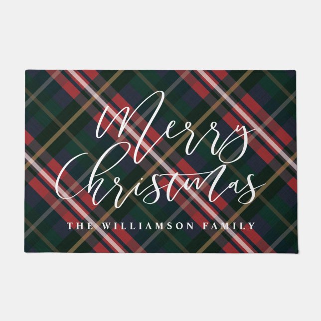Merry Christmas Script Green Red Plaid Family Name Doormat (Front)