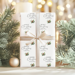 Merry Christmas Script Greenery Family Name Wrapping Paper
