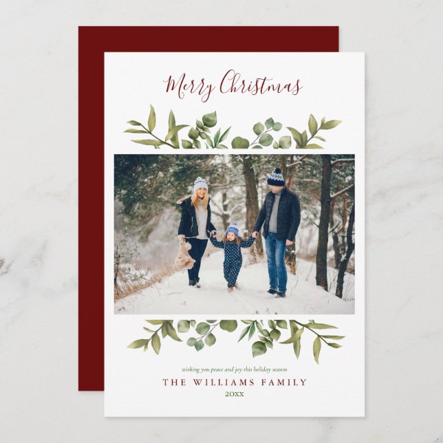 Merry Christmas Script Greenery Foliage Photo Holiday Card (Front/Back)