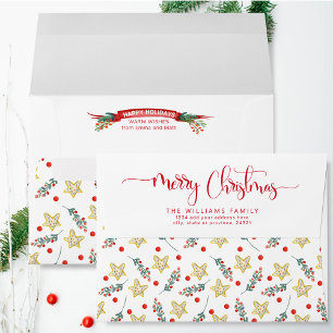Merry Christmas Script,  Greenery, Holly and Stars Envelope