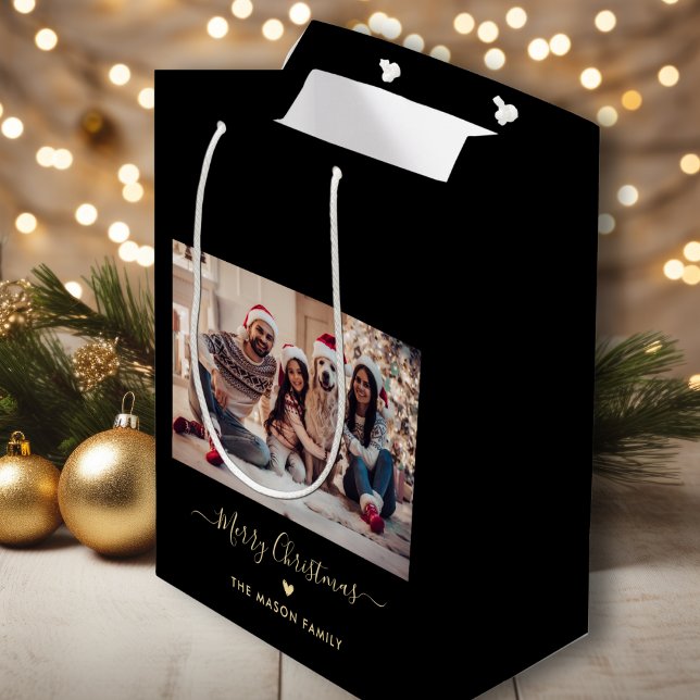 Merry Christmas Script Heart Black and Gold Photo Medium Gift Bag (Creator Uploaded)