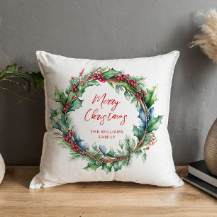 Merry Christmas Script Holiday Wreath Cushion