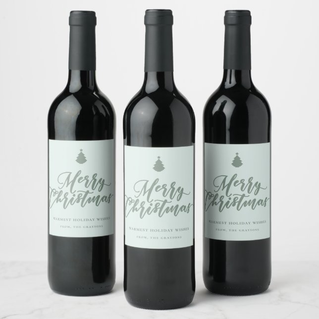 Merry Christmas Script Mint Green Holiday Wine Label (Bottles)
