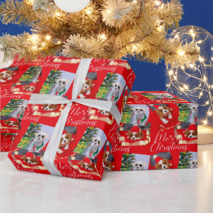 Merry Christmas Script Modern 3 Photo Personalised Wrapping Paper