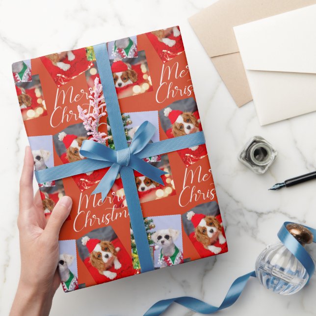 Merry Christmas Script Modern 3 Photo Personalised Wrapping Paper (Gifting)