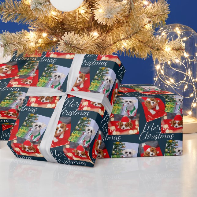 Merry Christmas Script Modern 3 Photo Personalised Wrapping Paper (Holidays)