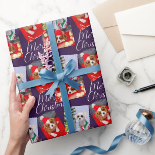 Merry Christmas Script Modern 3 Photo Personalised Wrapping Paper