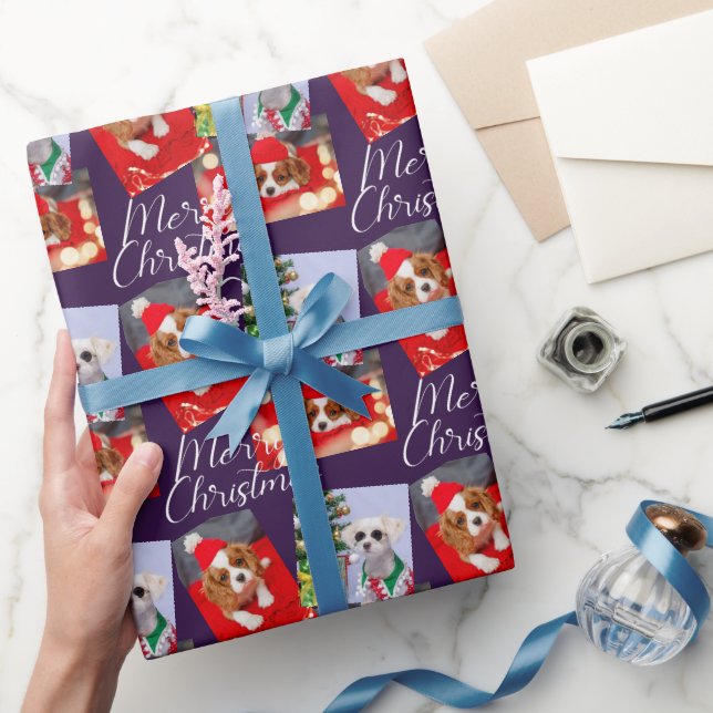 Merry Christmas Script Modern 3 Photo Personalised Wrapping Paper (Gifting)