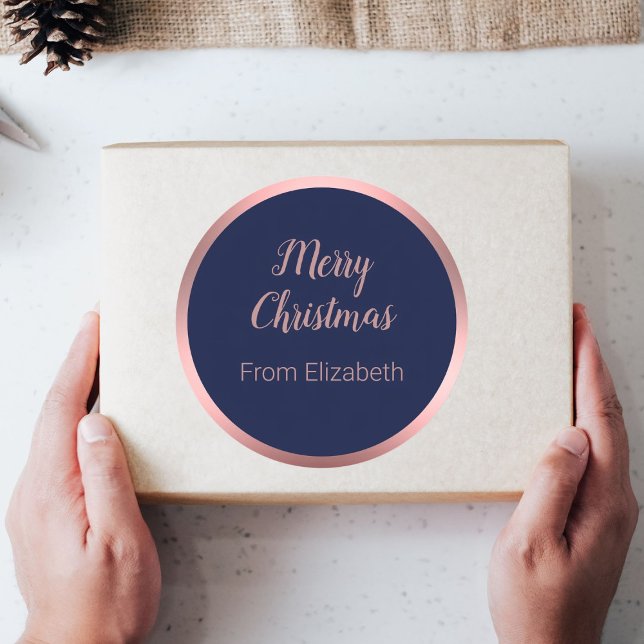 Merry Christmas Script Name Dark Blue & Rose Gold Classic Round Sticker (Creator Uploaded)