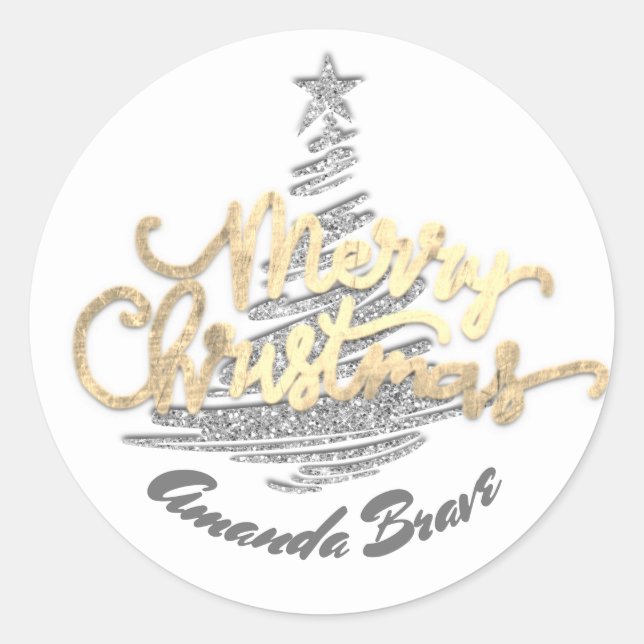 Merry Christmas Script Name Gold Grey White  Classic Round Sticker (Front)