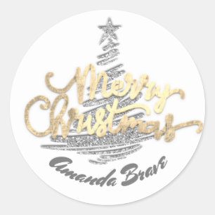 Merry Christmas Script Name Gold Grey White  Classic Round Sticker