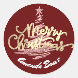 Merry Christmas Script Name Gold Rose Burgundy Classic Round Sticker