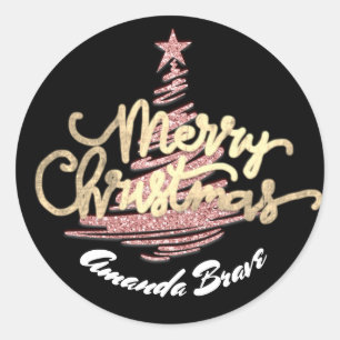 Merry Christmas Script Name Gold Rose White  Classic Round Sticker