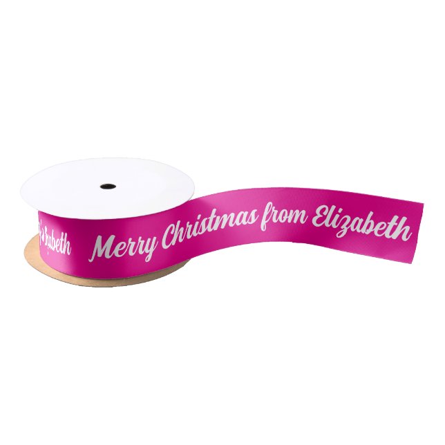 Merry Christmas Script & Name Hot Pink and White Satin Ribbon (Spool)