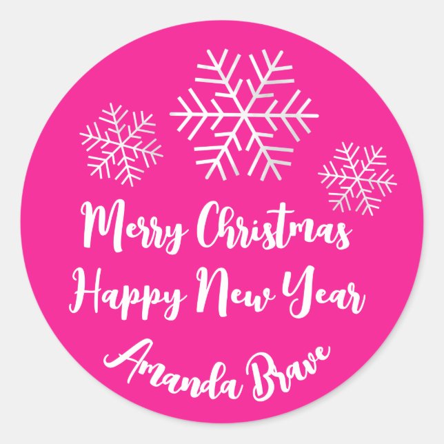 Merry Christmas  Script Name Snowflake Bright Pink Classic Round Sticker (Front)