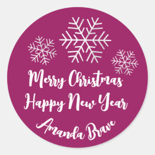 Merry Christmas Script Name Snowflake Grey Pink Classic Round Sticker