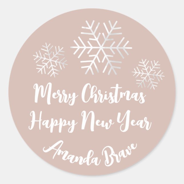 Merry Christmas  Script Name Snowflake Grey Rose Classic Round Sticker (Front)
