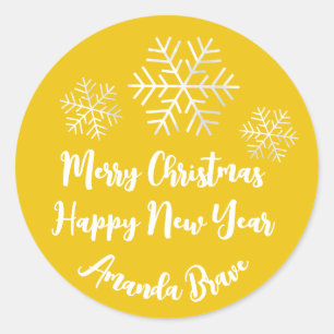 Merry Christmas Script Name Snowflake Grey Yellow Classic Round Sticker
