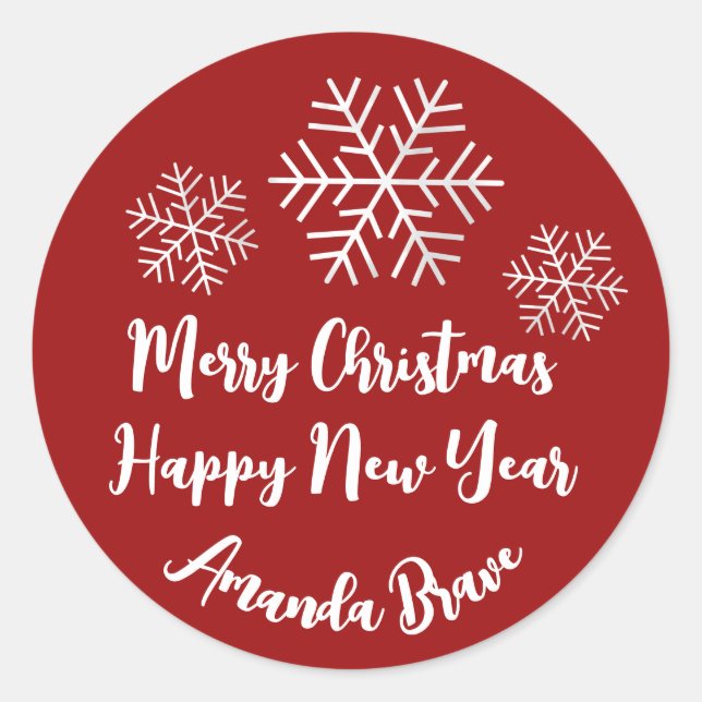 Merry Christmas  Script Name Snowflakes Burgundy Classic Round Sticker (Front)