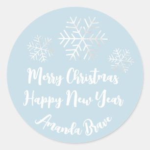 Merry Christmas  Script Name Snowflakes Grey Blue Classic Round Sticker